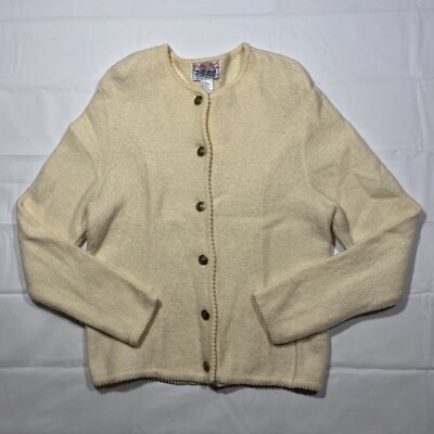 Tally Ho Cardigan Women s Large Ivory Wool Sweater Button Up Retro Classy 90s