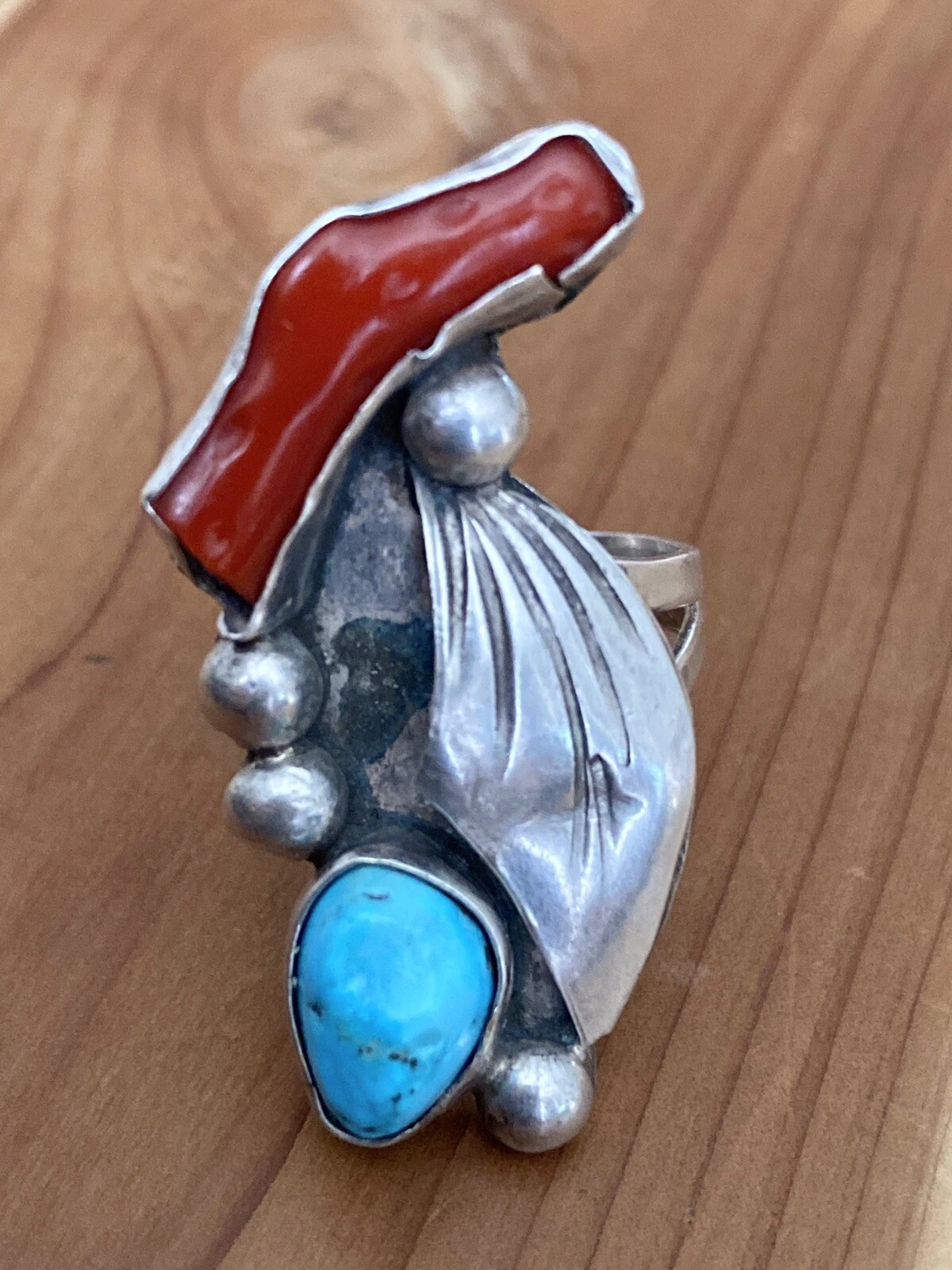 Vintage Native American Navajo Coral  Turquoise Nuggets Sterling Ring Size 6.25
