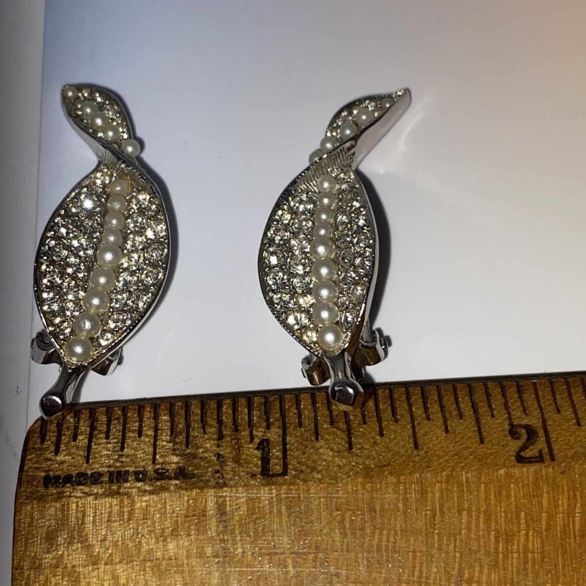 Vintage Faux Pearl Pave Rhinestone Leaf Swirls Clip Earrings Pat