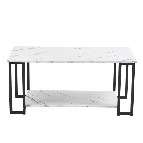 Mesa de centro moderna de mármol sintético para sala de estar mesa de acento de 2 niveles marco de metal - Imagen 14 de 23