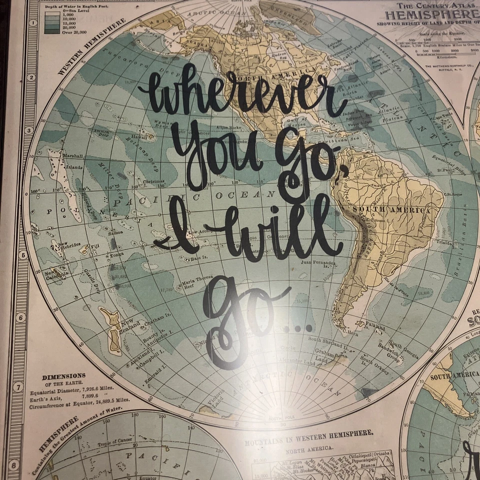 the century atlas hemispheres map with bible quote Ruth 1:16 in frame. AD - Image 2 of 4