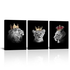Lion Family Canvas Wall Art King Lion and Lioness Picture Painting Black Small
