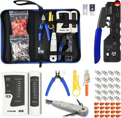 Netzwerk Werkzeug Set, RJ45 Crimpzange mit 20 x RJ45 Stecker Cat7/Cat6a Pass Thr