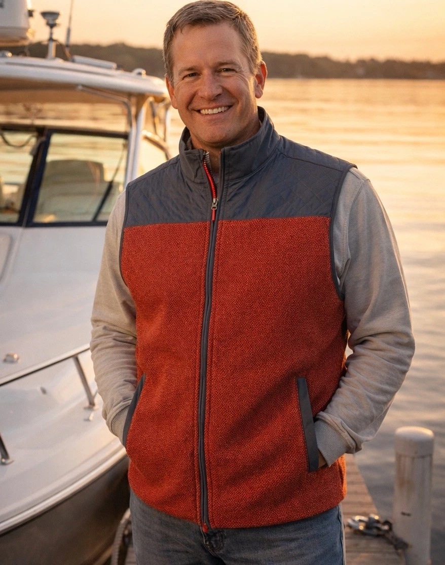 Southern Tide Hucksley Vest Men's Medium Red Blue Fleece Lined Tide To Trail