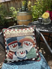 St Nicholas Square Tapestry Pillow Family Of Snowman 17x17 Dual Sided EUC