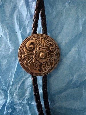 Western Men s Adjustable Brown Leather Bolo Tie Floral Gold Slide