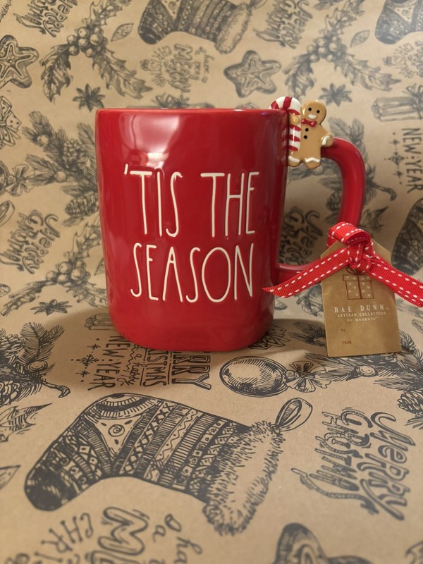 Rae Dunn by Magenta, Red TIS THE SEASON Coffee Tea Mug with Candy Cane Decor NEW