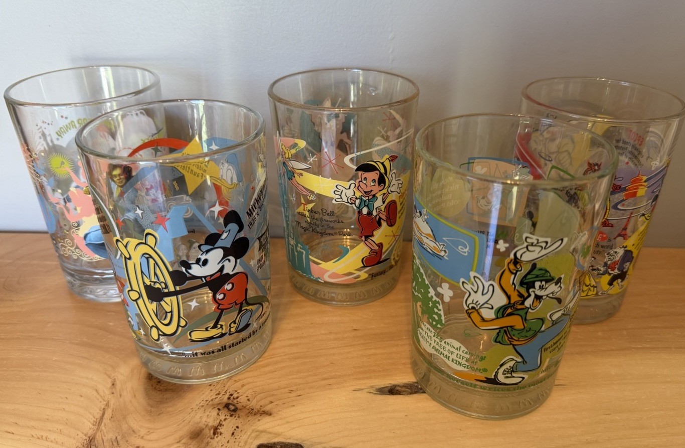 Set 5 McDonald's/100 Years Walt Disney World Anniversary Drinking Glasses Rare