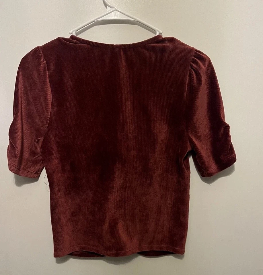 American Rag Burgundy Velvet Short Sleeve Blouse Size Small - Image 2 of 3