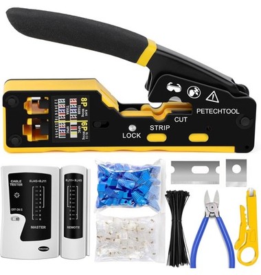PETECHTOOL RJ45 Crimp Tool Pass Through Ethernet Crimping Tool Kit Cat6 Cat5e Ca