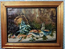 Quadro Natura morta con pesci - Dipinto A Olio Di G.A.Cocco Prima metà XX sec.
