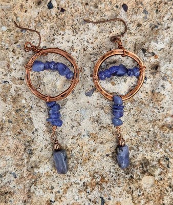 Handcrafted Rustic Genuine Tanzanite In Hammered Copper Artisan Earrings