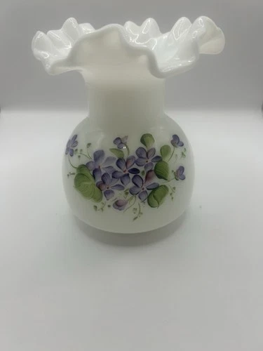 Vtg Fenton Violets in the Snow Vase Hand Painted