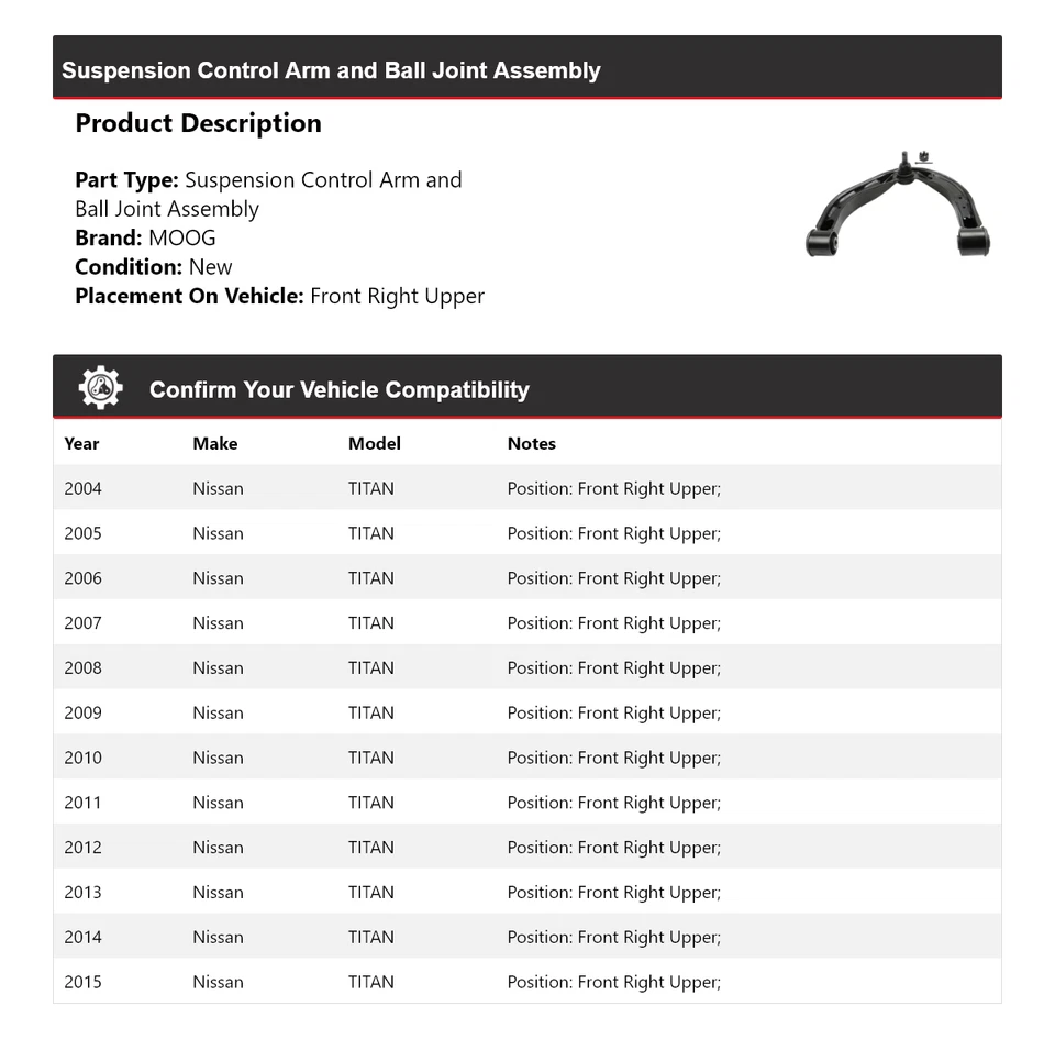 Conjunto de rótula de brazo de control delantero derecho superior M para Nissan TITAN 2004-2015 Foto 2 de 4