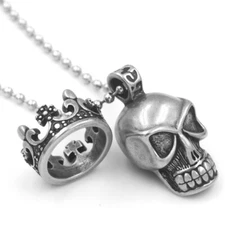 Stainless Steel Skull Necklace with Movable Crown, black CZ or clear CZ