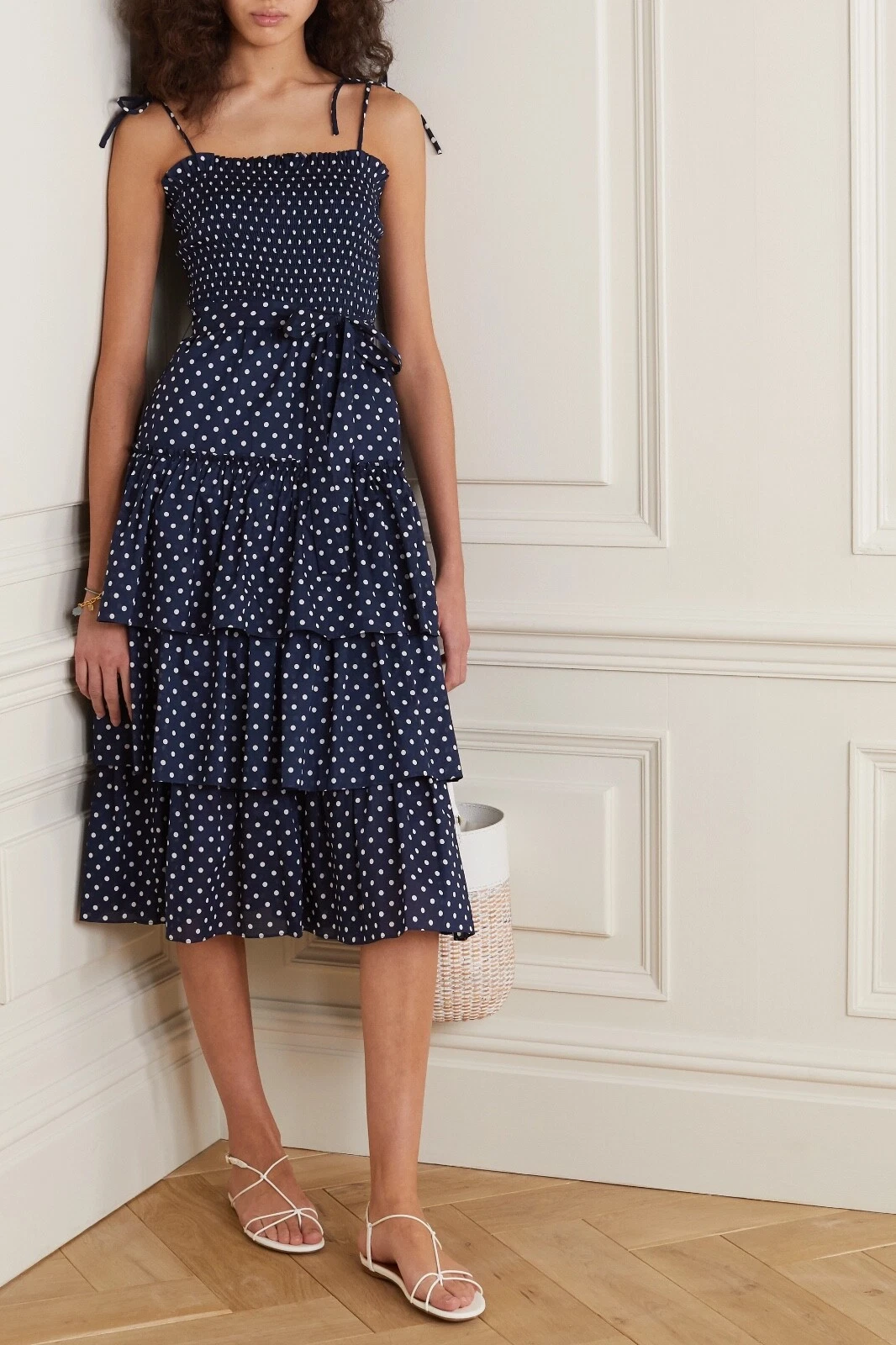 Abito a più livelli TORY BURCH blu e bianco a pois cotone midi nuovo senza etichette