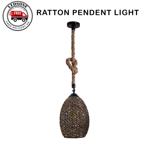 Vintage Rattan Pendant Light Industrial Hemp Rope Hanging Retro LED Ceiling Lamp - Zdjęcie 1 z 13