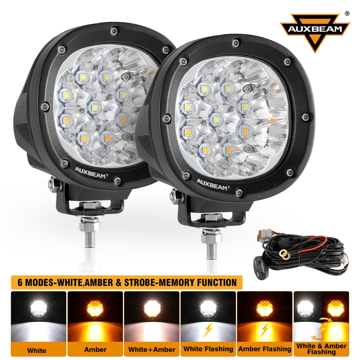 AUXBEAM 4" Round Amber LED Pod Lights - 90W Pair With Covers (2 Lights)
