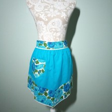 Vintage Handmade Apron w/ Pocket, 60s Blue Green Floral Pinup Homemaker S M L