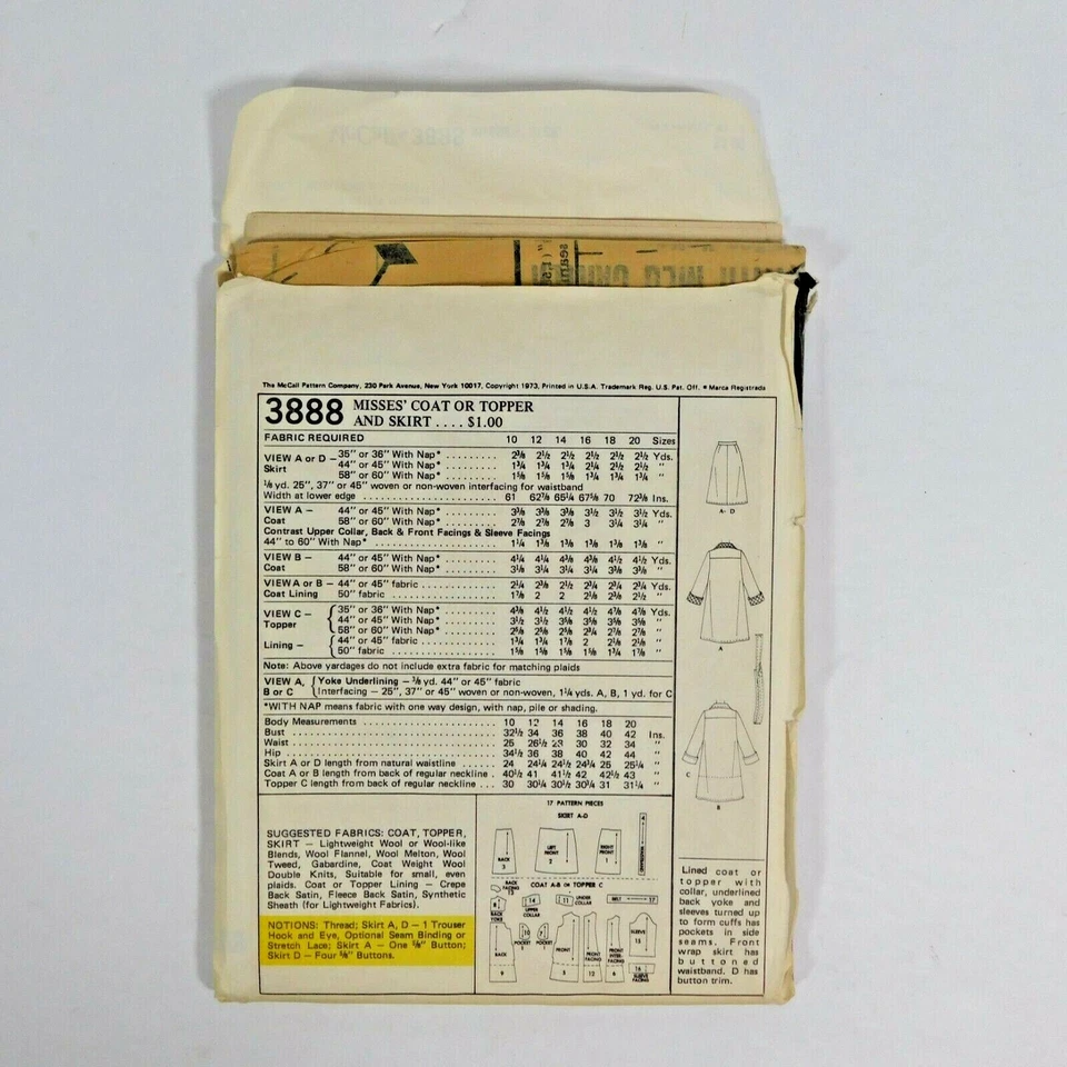 McCalls 3888 Misses Coat Topper Skirt Sewing Pattern Size 14 Bust 36 Uncut - Image 3 of 4