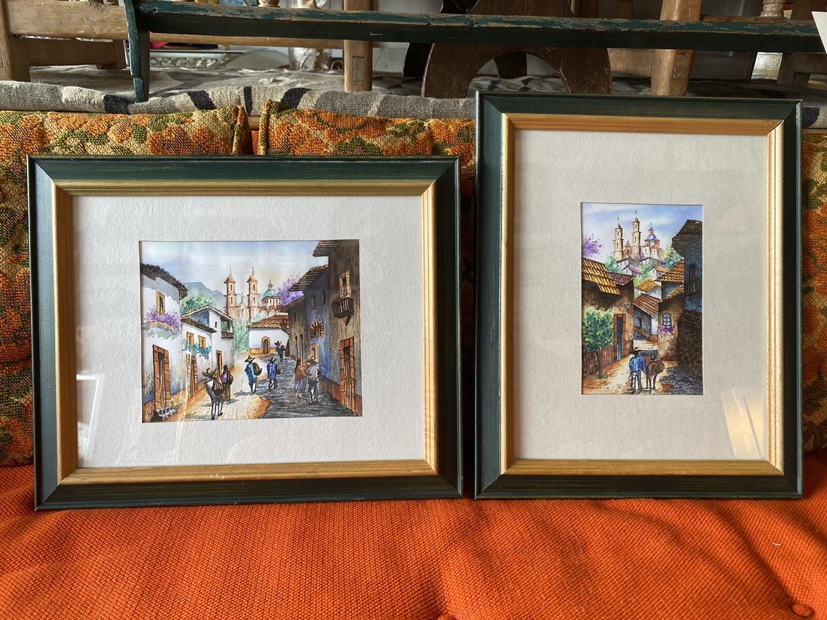 Pair Marco Ruiz Watercolor Painting Mexican Street Scenes Taxco