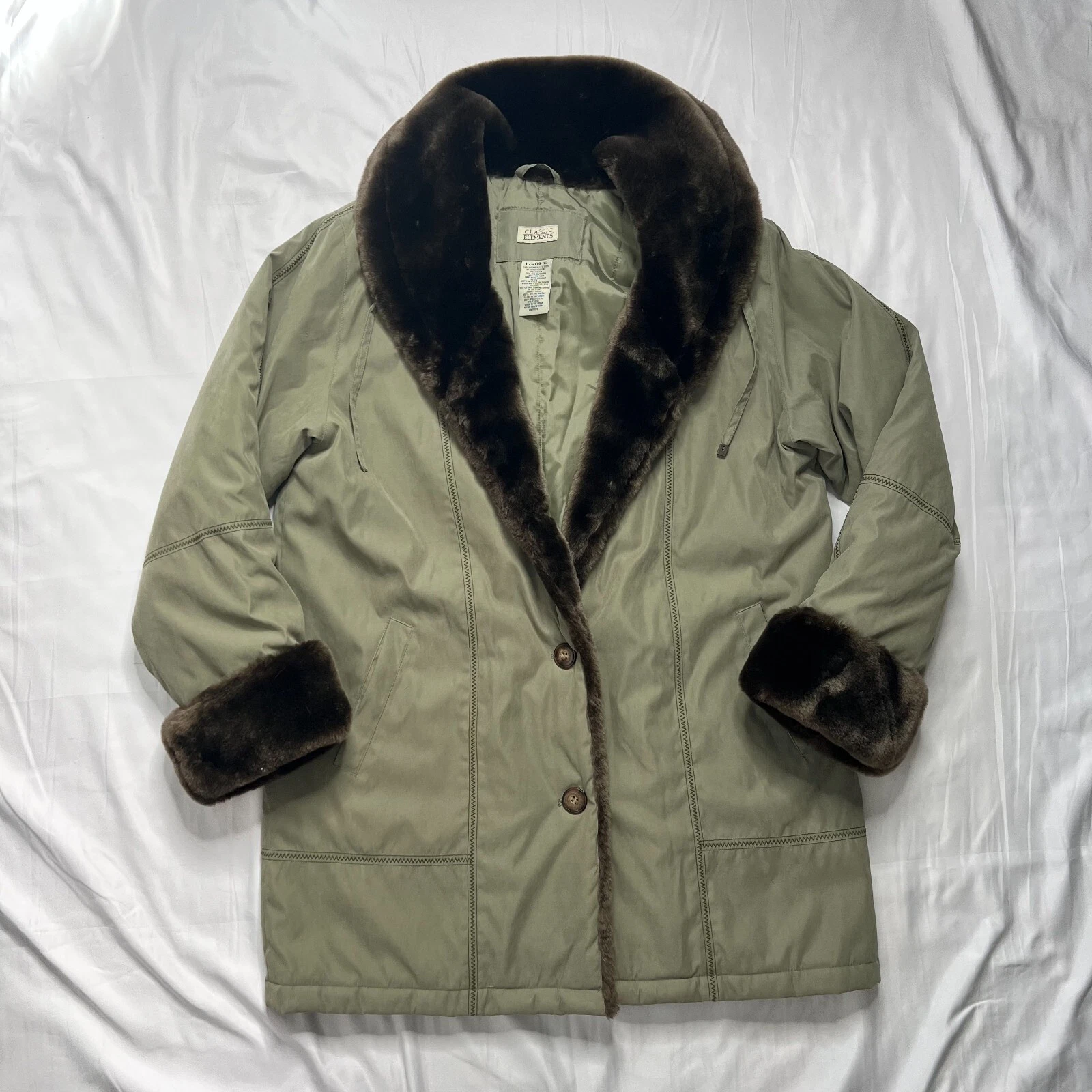 Classic Elements Women's Green Coat with Faux Fur Size Large - Soft feel Jacket