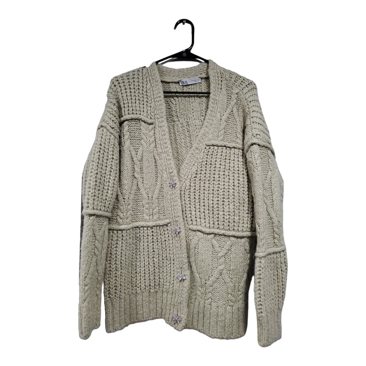 Zara Women's Patchwork Chunky Knit Open Front Cardigan Sweater