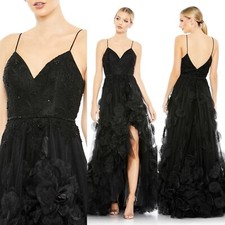 Mac Duggal Black Floral Appliqué Beaded Embroidered High-Low Gown Size 14