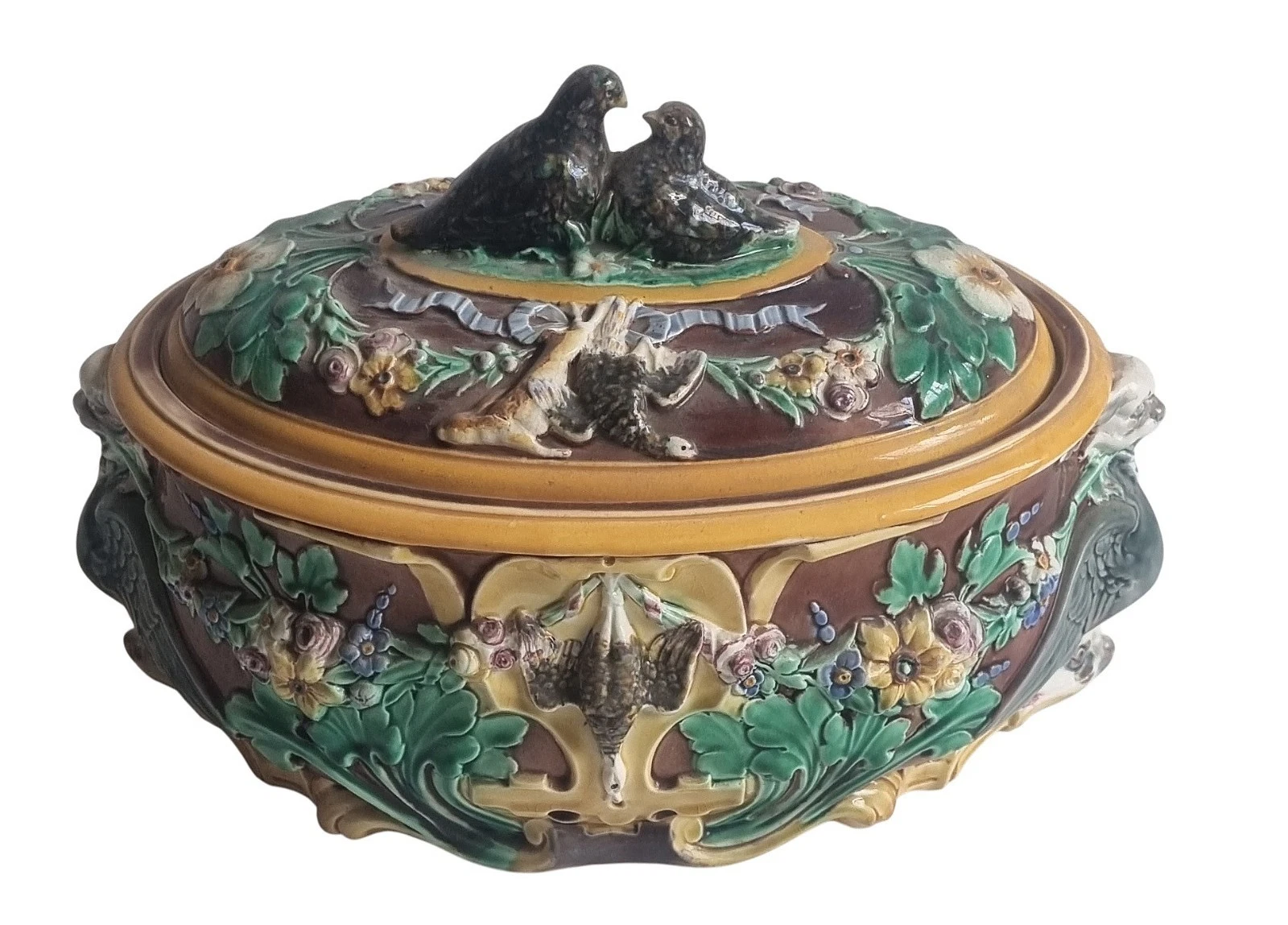 Antique Wedgwood Majolica Game Pie dish Tureen Serving Dish Birds Dolphin