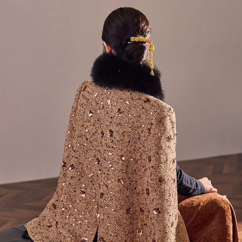 Capa con diseño de cuentas con lentejuelas para mujer otoño e invierno nueva chal chaqueta abrigos capa Foto 4 de 4