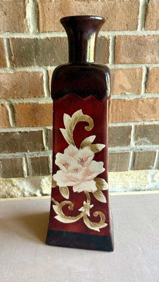 Beautiful Tall Dark Red Gold Silver Floral Decorative Vase Square 18" - Image 2 of 4