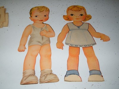 2 Vintage Queen Holden?? Paper Dolls Boy + Girl 13.25'' tall clothes patterns