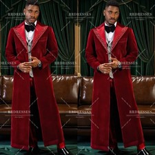 Velvet Men's Long Jakcet for Prom Peak Lapel Burgundy Suit Banquet Homecoming