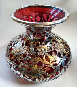 Exceptional Cranberry Silver Overlay Vase - Alvin circa 1905