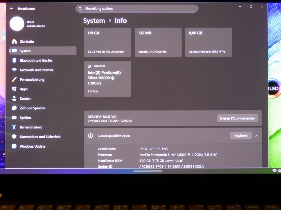 ASUS Vivobook 13 Slate OLED T3300K - Intel P. Silver N6000, 8GB Ram, 128 GB SSD - Bild 3 von 4