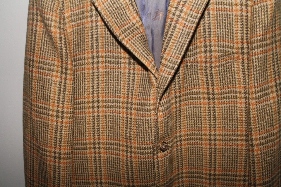 Vintage 60s Tweed Wool Plaid Blazer Sports jacket Green Orange Tan Preppy 43 - Image 3 of 4