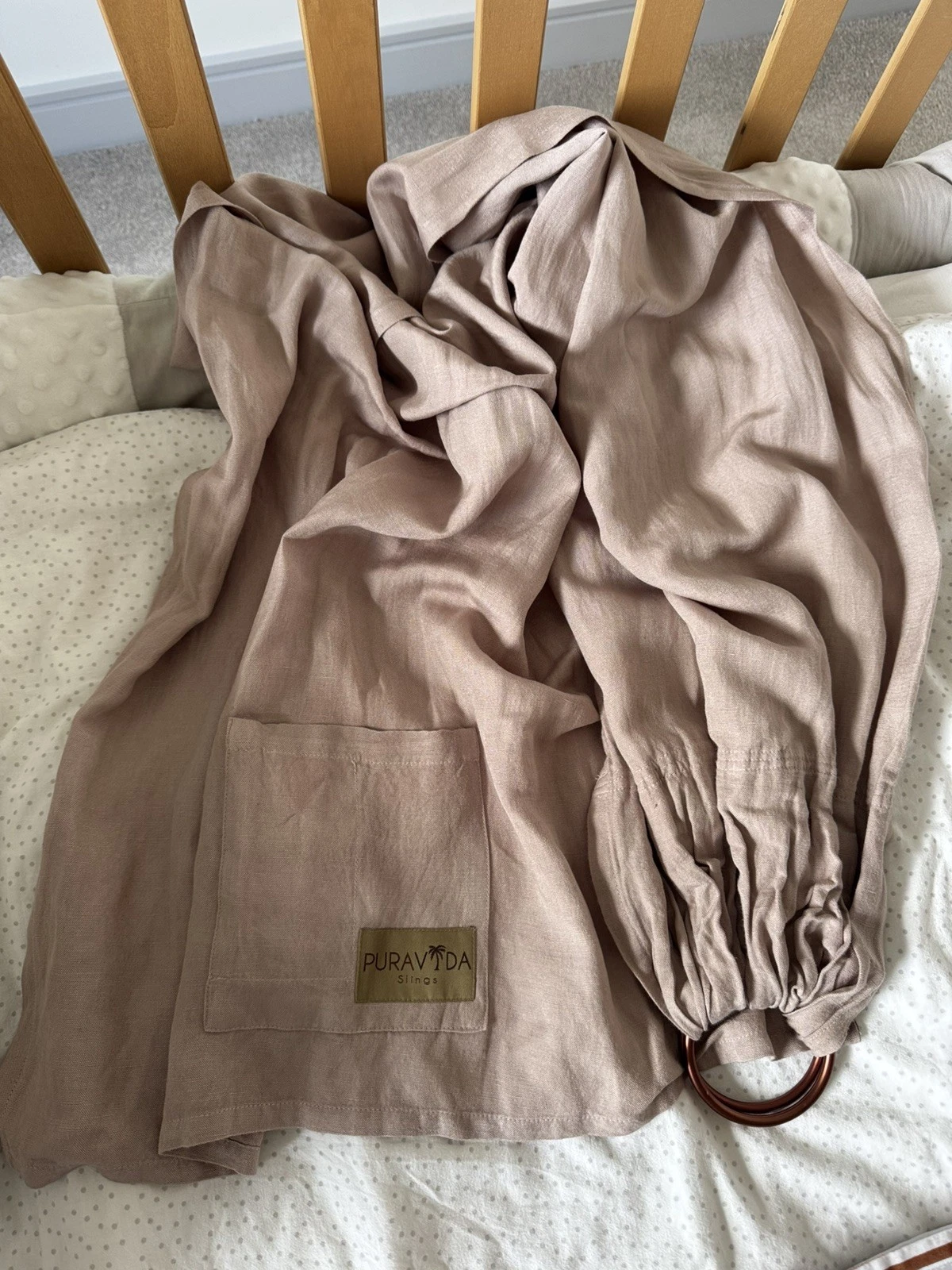 Pura Vida Baby Sling Wrap Carrier bamboo linen tan with 2 rings and pocket
Opens in a new window or