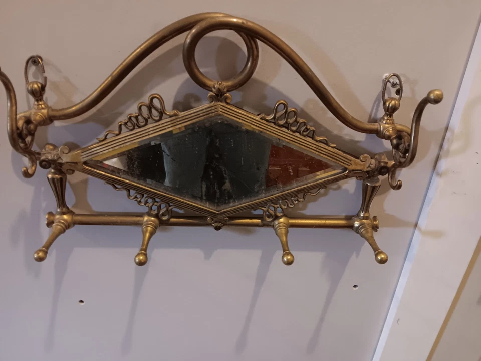 Antique Victorian Bevel Mirror With Serpents Brass 6 Hook Wall Hanging Coat Rack - Image 2 of 4