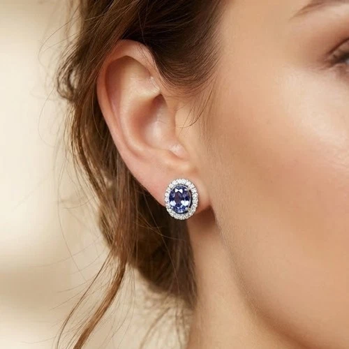 925 Sterling Silver White Gold Earrings Luminous Color Change Spinel Oval 6.20Ct