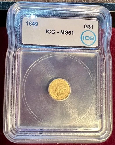 1849 G$1 Gold Dollar Liberty Head ICG MS61, Open Wreath with L