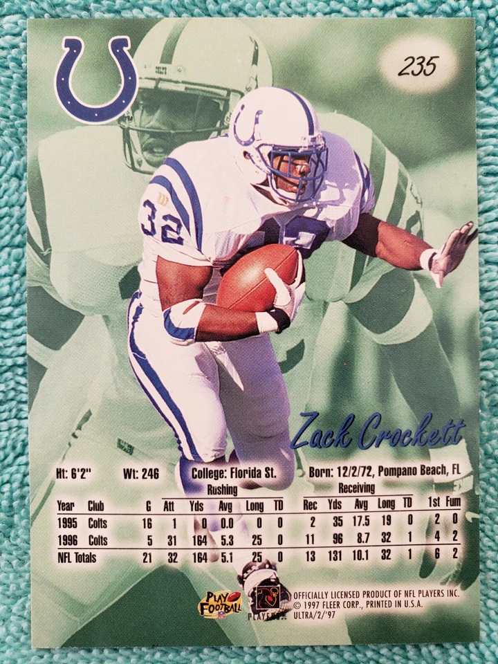 1997 FLEER ULTRA ZACK CROCKETT #235 INDIANAPOLIS COLTS - Image 4 of 4
