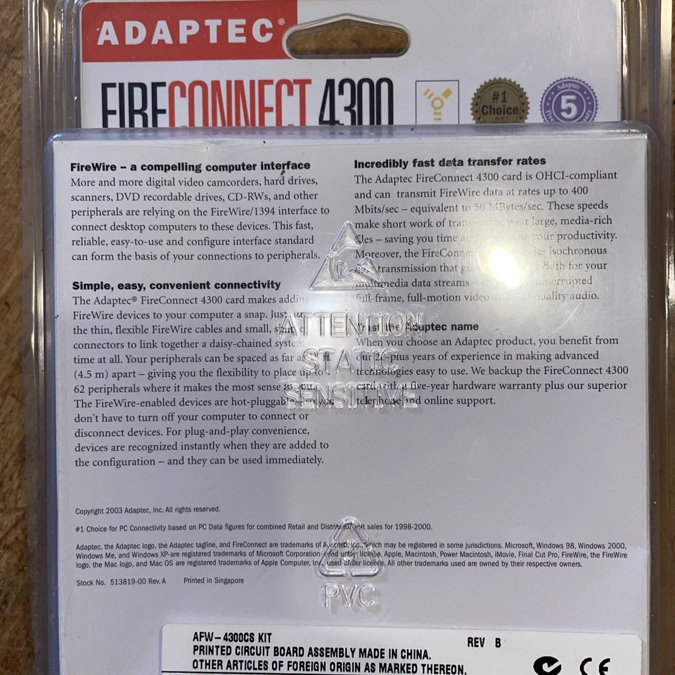 ADAPTEC FIRECONNECT 3-Port FireWire Card for Desktop PC & Mac AFW-4300CS Kit - Image 2 of 2