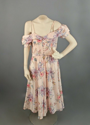 VTG Women's 40s Pink Floral Off Shoulder Dress Sz S 1940s