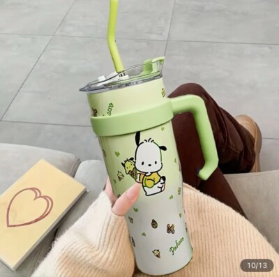 Pochacco Large Insulated Cup With Handle Travel Portable Straw Hot
