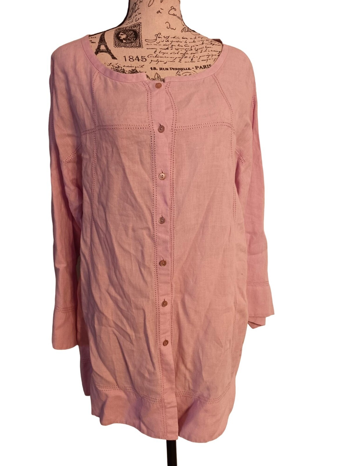 Eileen Fisher Irish Linen Tunic Top Blouse Size Medium Button Down, Purple Pink