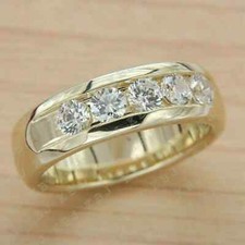 14k Yellow Gold Finish 2.00Ct Round Cut Real Moissanite Men's Wedding Band Ring