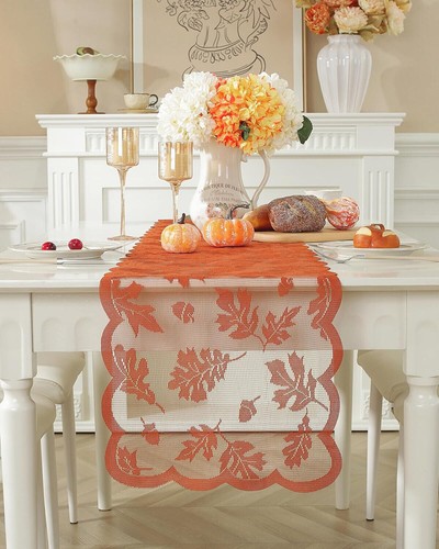 33x183 Embroidered Maple Leaf Lace Table Runner Thanksgiving Autumn Fall Decor - Picture 2 of 7