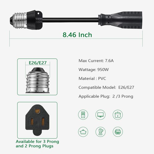 Light Socket to Plug Adapter 8.46 Inch Light Bulb E26/E27 Outlet Socket to 3 ... - Picture 2 of 6