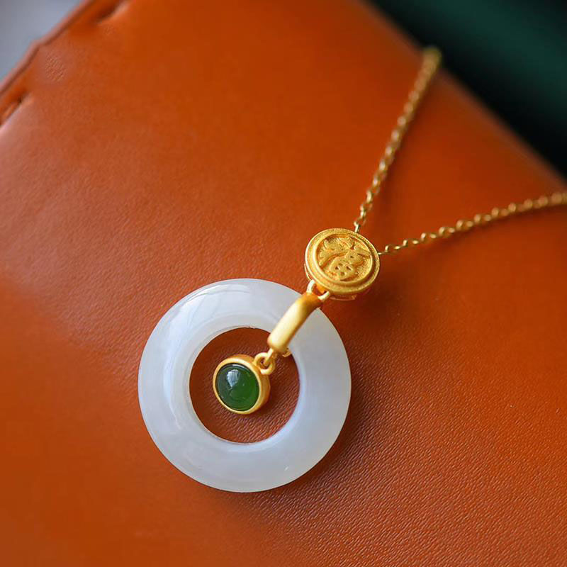 White Jade Donut Pendant Necklace in 925 Silver with Natural Chalcedony Stone