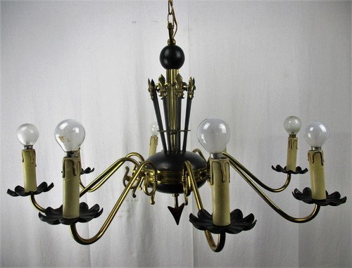 French Wooden Brass 8 Arms Lights Chandelier French Empire Fleur de Lis Rare HTF - Picture 5 of 12